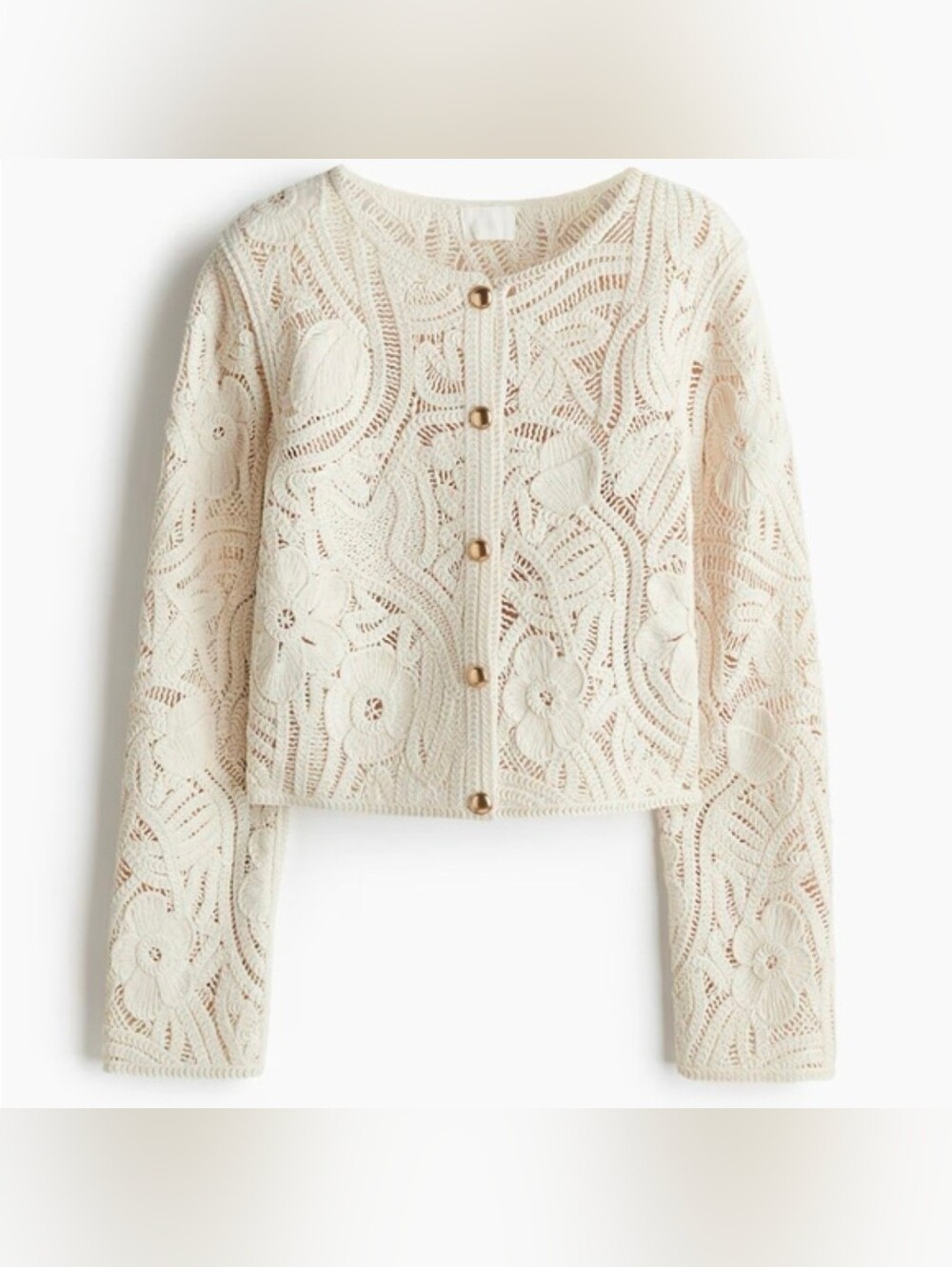 NWT H&M Cream Crochet Knit Button-Front Sweater Jacket, Size M